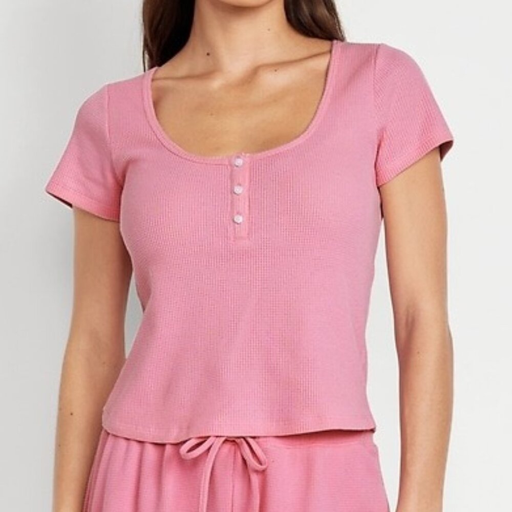 Old Navy Waffle Knit Henley Top Scoop Neck Short Sleeve Lounge Pink Size Large